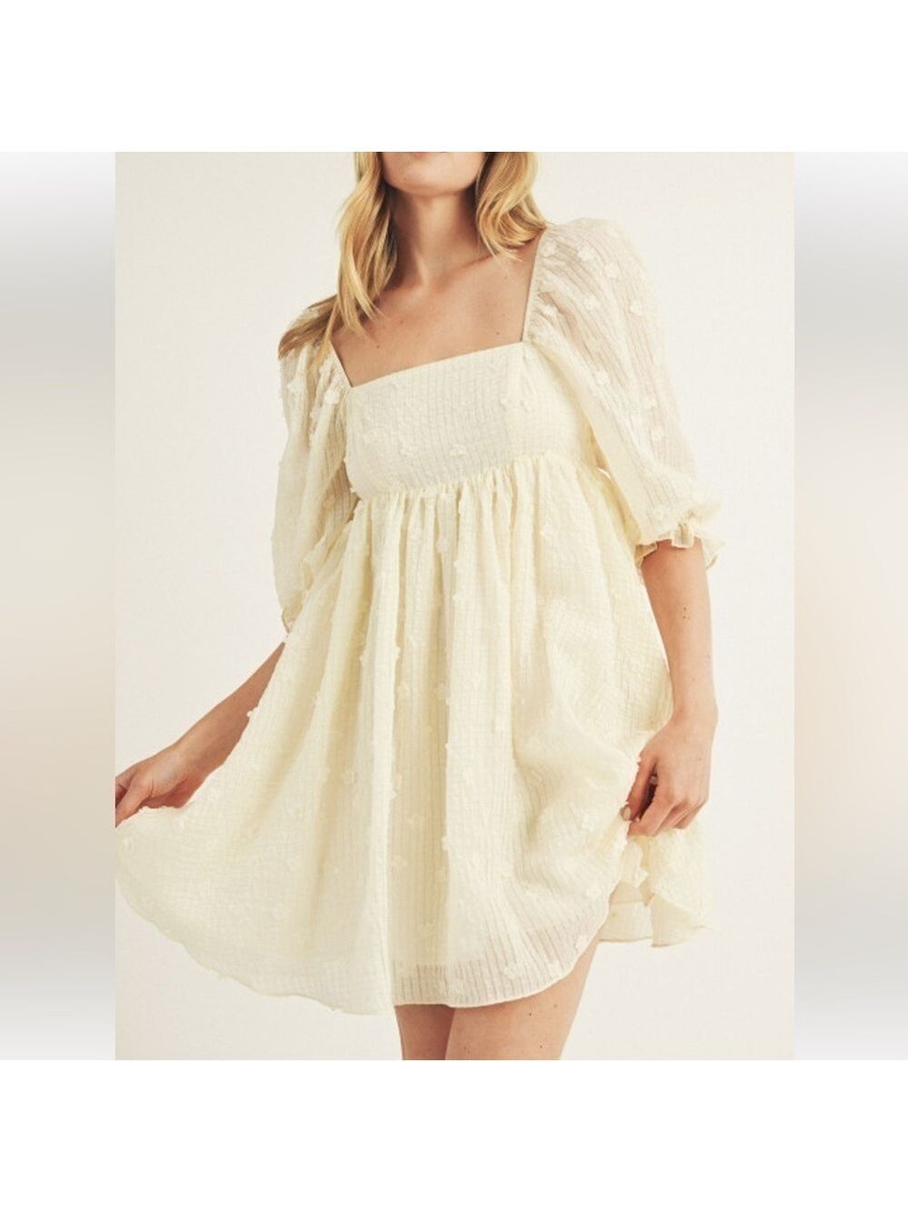 STORIA Baby Breath Baby Doll Cream Floral Appliqué Puff Sleeves Mini Dress NWT M - Picture 3 of 10